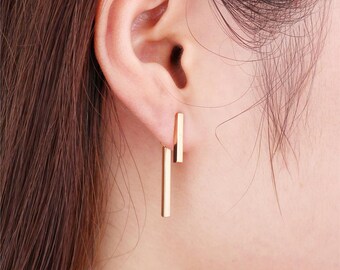 Bar Drop Dangle 1.2" Long Earrings , 2 Pieces Jackets , Simple Minimalist Dainty Modern , Rose Gold Silver Plated , Ships Free for Every Day