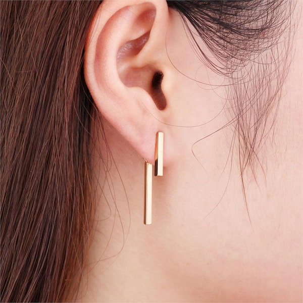 Bar Drop Dangle 1.2" Long Earrings , 2 Pieces Jackets , Simple Minimalist Dainty Modern , Rose Gold Silver Plated , Ships Free for Every Day