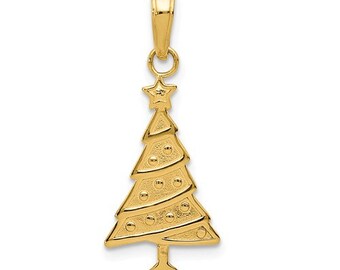 14k Solid Yellow Gold Christmas Tree Pendant Charm for a Chain or Necklace  .9" Long x .5" Width Polished