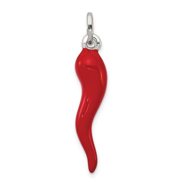 Sterling Silver .925 3-D Enameled Italian Horn Red Pepper Charm for a Chain, Necklace or Bracelet 1.3" long