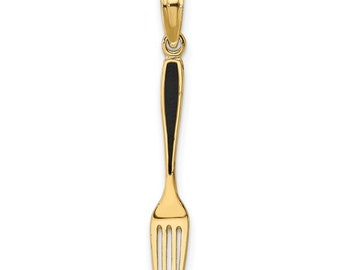 14K or 10K Solid Yellow Gold Polished Black Enamel 3-D Table Fork Charm Pendant Charm .8" Long x 4mm Wide. Great 4 Necklace / Charm Bracelet