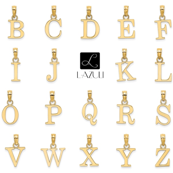 10K ou 14K Solid Gold Lettre initiale Alphabet Charm Pendentif 1/2 " Long Block Font Simple Minimaliste Jaune, Blanc ou Rose Or