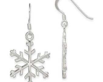 Sterling Silver .925 Snowflake Dangle French Wire 1.25" Long Earrings, Simple Minimalist Dainty Modern Drop & Dangle Shepherd Hook Earrings