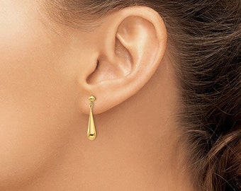 Pendientes colgantes de lágrima de oro amarillo de 14 quilates de 1.0 in de largo, minimalista simple, delicado, moderno, empuje hacia atrás, no archivado en oro, no chapado en oro, se envía gratis.