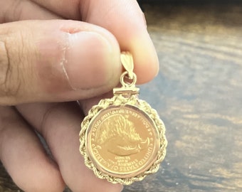 1/10 Oz Liberty Coin Pendant, American Eagle Coin Charm Framed in 14k Gold Rope Screw Top Bezel or plain. Fine Gold, 22k Fine Gold Eagle