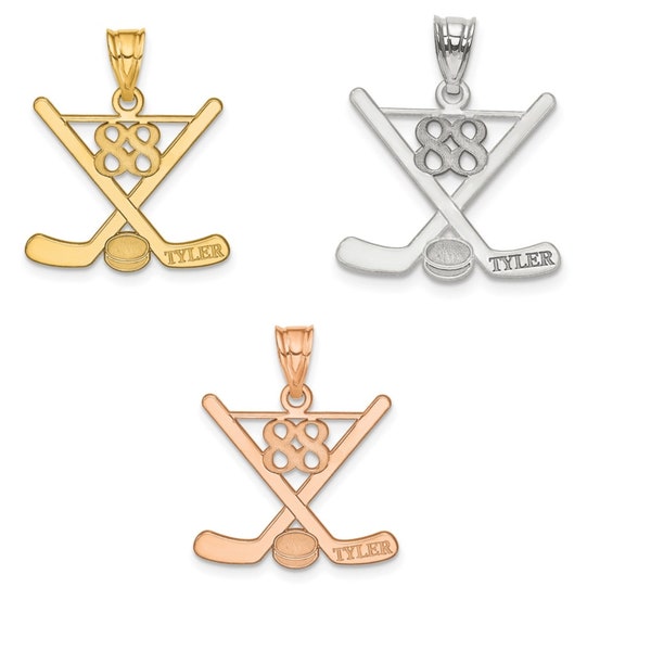 Personalisierte Name & Nummer 14k Gelb oder Weißgold oder Sterling Silber oder Vergoldetes Silber Eishockeyschläger Lasergravur Angepasst