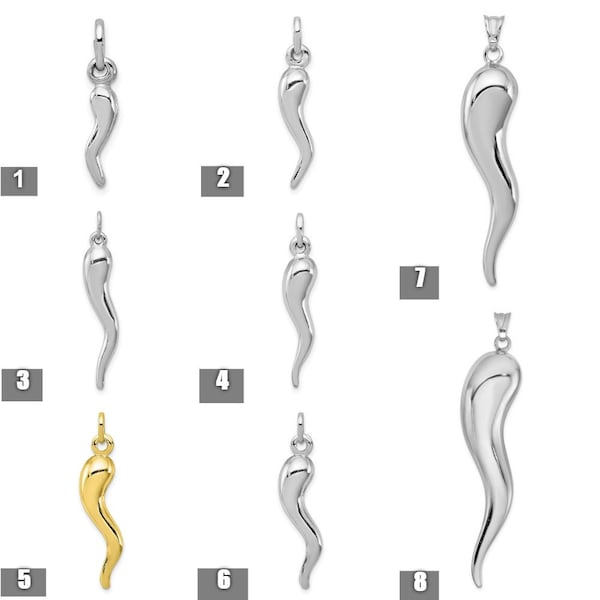 Sterling Silver 3D 8 different Sizes Italian Horn Pendant Charm for a Chain or Necklace good luck Great for everyday wear Cornicello