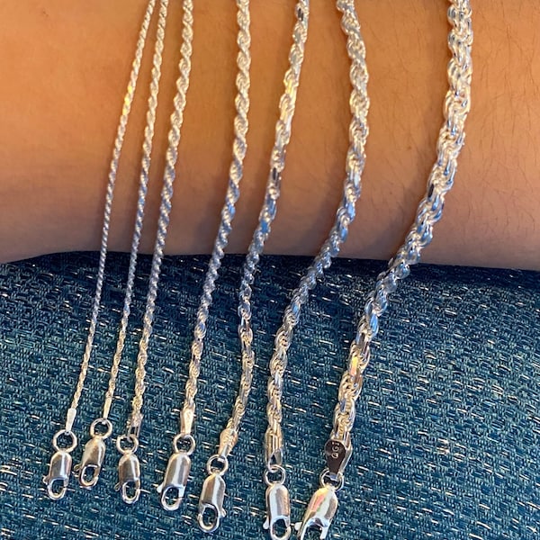 Sterling Silver 925 Diamond-cut Rope Chain Necklace Bracelet Anklet 7",8",9",10",14".16",18",20",22",24",26",28", 30" or 36" different width