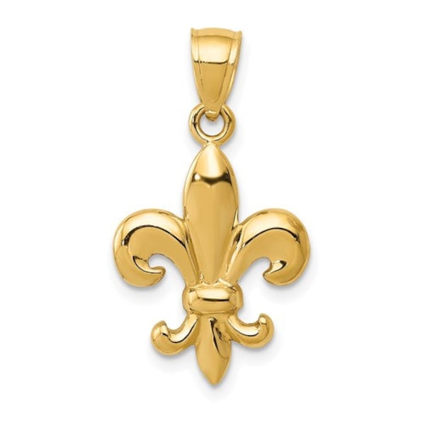14k Polished Solid Yellow Gold Fleur de Lis Pendant Charm for a Chain or Necklace 1" Long Not Gold Plated. Real 14K Gold