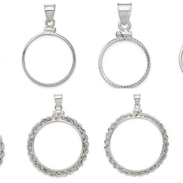 Sterling Silver 925 Coin Bezel Mountings for Coins Cent Dime Nickel Quarter Half Dollar Plain, Diamond Cut, Rope Chain Screw Top Pendant