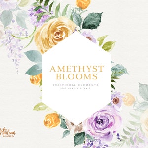 Amethyst Blooms - Floral Frames - Watercolor Floral Frames Clipart - Purple Flowers Clipart - Watercolor Purple Rose - Watercolor Yellow