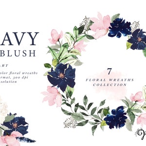 Watercolor Floral Wreaths - Navy and Blush flowers - navy blush wreath - Wreath Clipart - Wreath Set Clipart - Watercolor Navy Blush