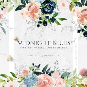 Watercolor Navy Blush Floral Elements - Midnight Blues Elements - Hydrangea Clipart - Navy Rose Clipart - Watercolor Hydrangea - Dusty Blue
