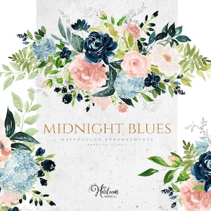 Watercolor Navy Floral Clipart - Midnight Blues Arrangements - Floral Arrangements Clipart - Navy and Blush Florals - Navy Blush Bouquets