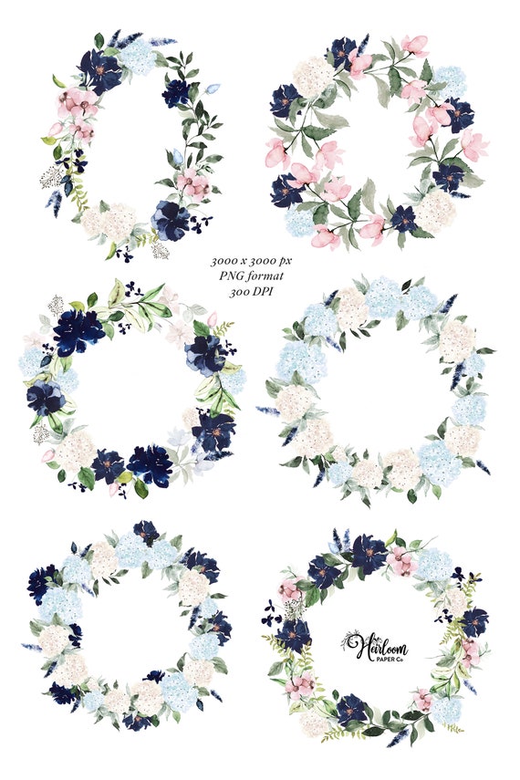 Navy And Blush Watercolor Clip Art Wreaths Navy Blue Floral Etsy