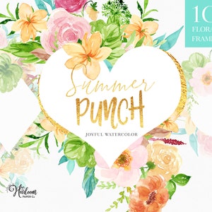 Watercolor Summer Clipart - Summer Punch - Watercolor Floral Frames - Tropical Watercolor - Orange, Yellow, Pink Watercolor Flowers Clipart