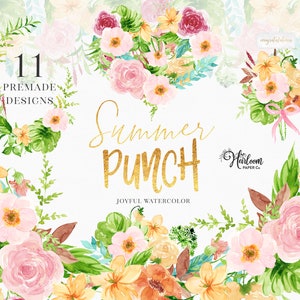 Summer Watercolor Floral Clipart - Summer Flowers - Yellow, Orange, Pink Flowers - Romantic Clipart - Rose Watercolor - Floral Arrangements