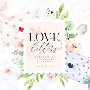 Love Letters, Watercolor Floral Elements, Dusty Blue and Blush Flowers,  Watercolor Rose, Watercolor Heart Shapes, Watercolor Bow Clipart