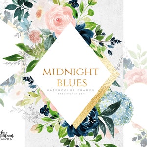 Watercolor Navy Flowers - Watercolor Floral Frames - Navy and Blush watercolor Flowers - Navy and Blush Clipart - Navy roses - Blush roses