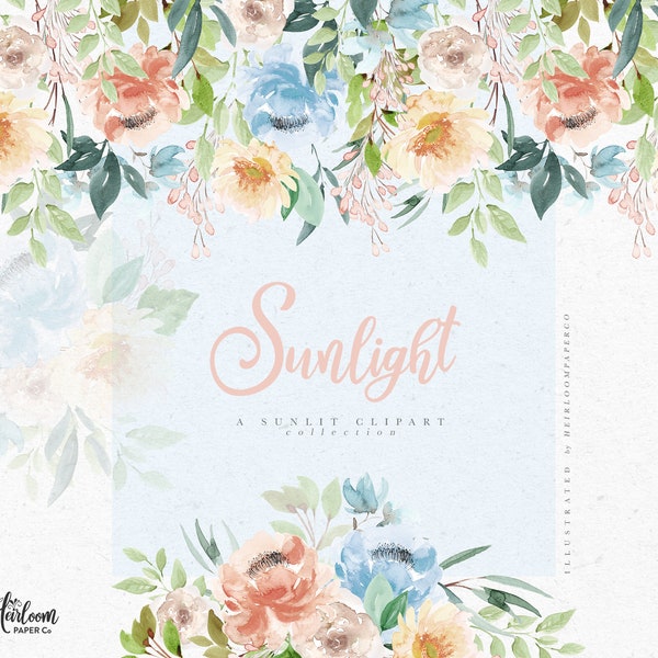 Sunlight Watercolor Floral Clipart, Flower Arrangements, Dusty Blue Peony, Blush Roses, Peonies and Roses Wreath, Floral Bouquet