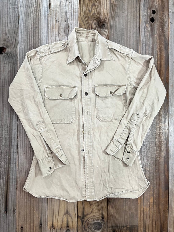 50's 60's Thrashed Khaki Work Shirt Military