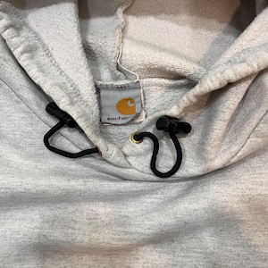 Pu&ograve; includere: Una felpa con cappuccio grigia con un cordoncino nero e un'etichetta con il logo Carhartt. L'etichetta &egrave; attaccata all'interno del cappuccio.