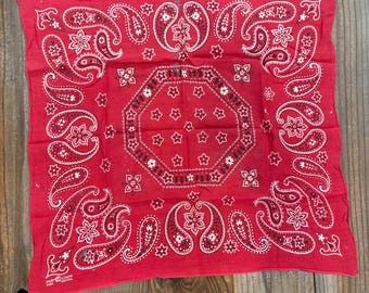 Vintage Distressed Red Elephant Brand Trunk Up Paisley 100% Cotton Bandana Handkerchief #73