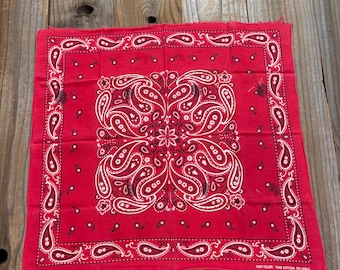 Vintage Distressed Red Fast Color 100% Cotton Paisley Bandana Handkerchief #41