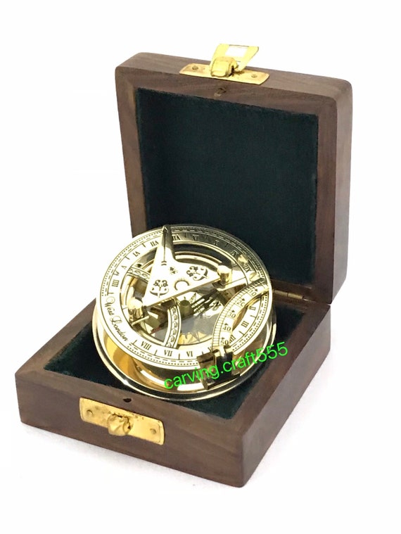 BRASS SUNDIAL COMPASS 4.5/" IN WOODEN BOX ~ NAUTICAL ~ MARITIME ~ NAVIGATION