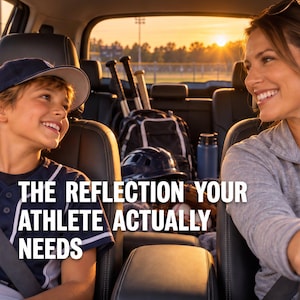 Puede incluir: Un niño con gorra de béisbol y un adulto sonriente sentados en un coche con equipo de béisbol en la parte trasera. El texto dice: But first, The lecture, THE REFLECTION YOUR ATHLETE ACTUALLY NEEDS, y Feeling great after using the journal every game - skipping the tense car rides as we now talk with clear minds - Sarah.