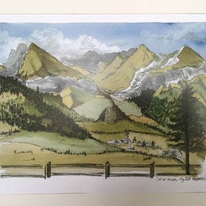 May include: A watercolour painting of a mountain range with a small village in the valley. The mountains are green and brown with a blue sky and white clouds in the background. The painting is signed "Col de Torcieu, August 1997, WEBER"