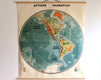Vintage Western Hemisphere Map: Large Greek School Chart Wall Hanging