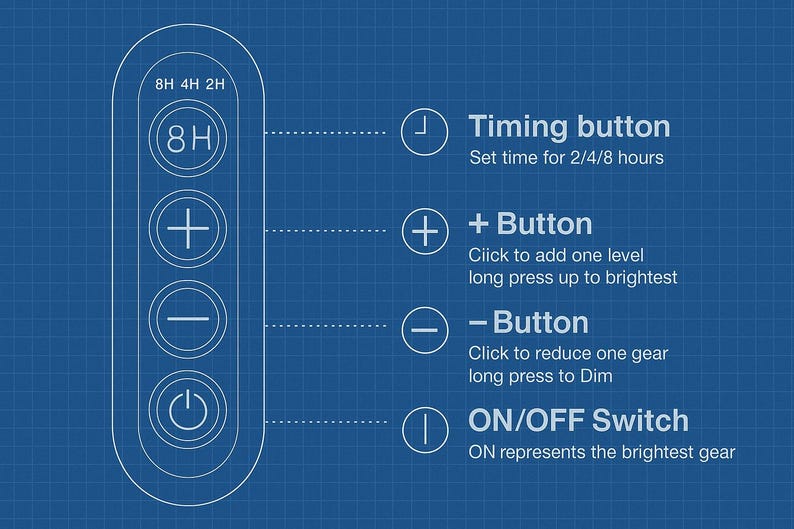 May include: A blue diagram with a white outline of a remote control with four buttons. The top button is a timer button with the text "8H 4H 2H" and "(8H)" inside. The second button is a plus sign, the third button is a minus sign, and the fourth button is a power button. The diagram also includes text descriptions of each button. The timer button is described as "Timing button Set time for 2/4/8 hours". The plus button is described as "+ Button Click to add one level long press up to brightest". The minus button is described as "- Button Click to reduce one gear long press to Dim". The power button is described as "ON/OFF Switch ON represents the brightest gear".