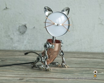 手作り猫ロボットテーブルランプ：金属製スチームパンク装飾