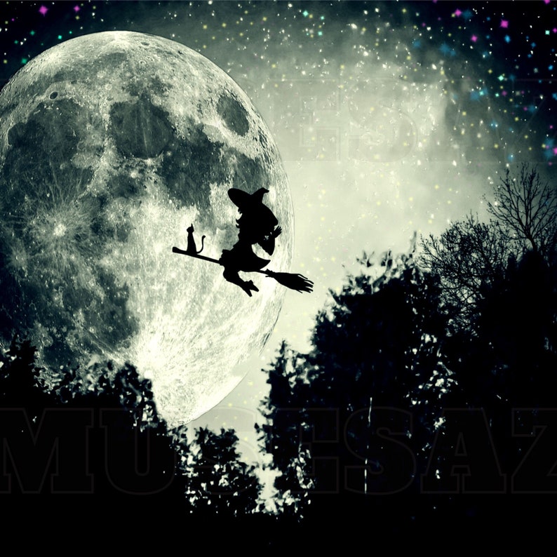 Flying Among the Stars With Witch and Moon Aesthetic Digital - Etsy