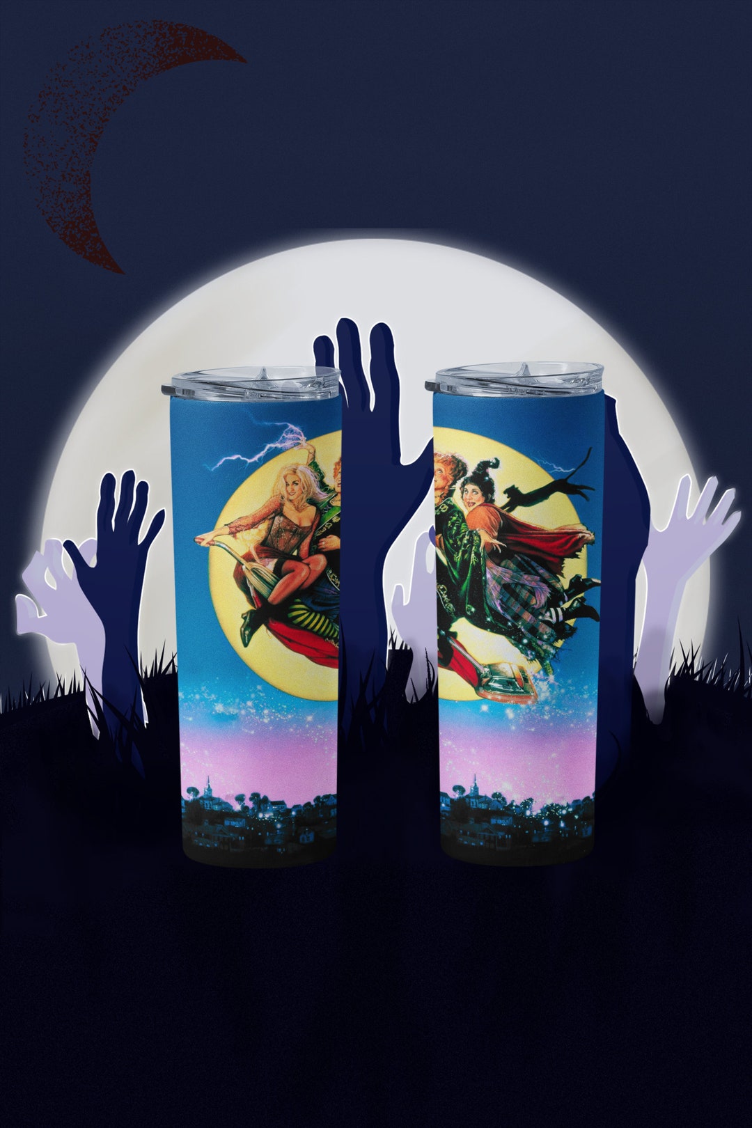 Sanderson Sisters on Vacuum Over City and Moon Aesthetic 20oz Straight Tapered Tumbler