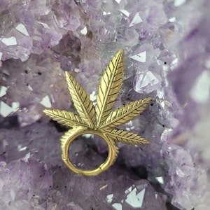 May include: A gold-colored ring in the shape of a cannabis leaf. The ring is set against a backdrop of a purple amethyst crystal formation. The ring's design features detailed veining on the leaf.