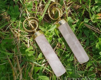 Brass with Rose Quartz Column Ear Weights - Sold as a pair