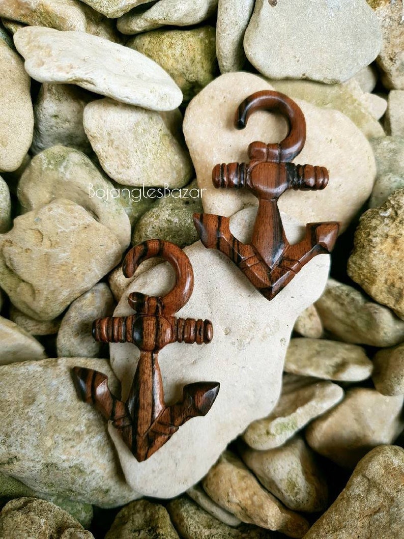 Sold as a pair Nautical Stretched Lobes Ear Hangers 6mm 2ga upwards Carved Wood Anchor Ear Weights