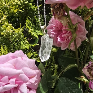 May include: A clear, raw quartz crystal pendant hangs from a delicate silver-toned metal chain. The crystal has a jagged, natural shape with visible internal facets and inclusions, suspended against a backdrop of vibrant pink rose blossoms.
