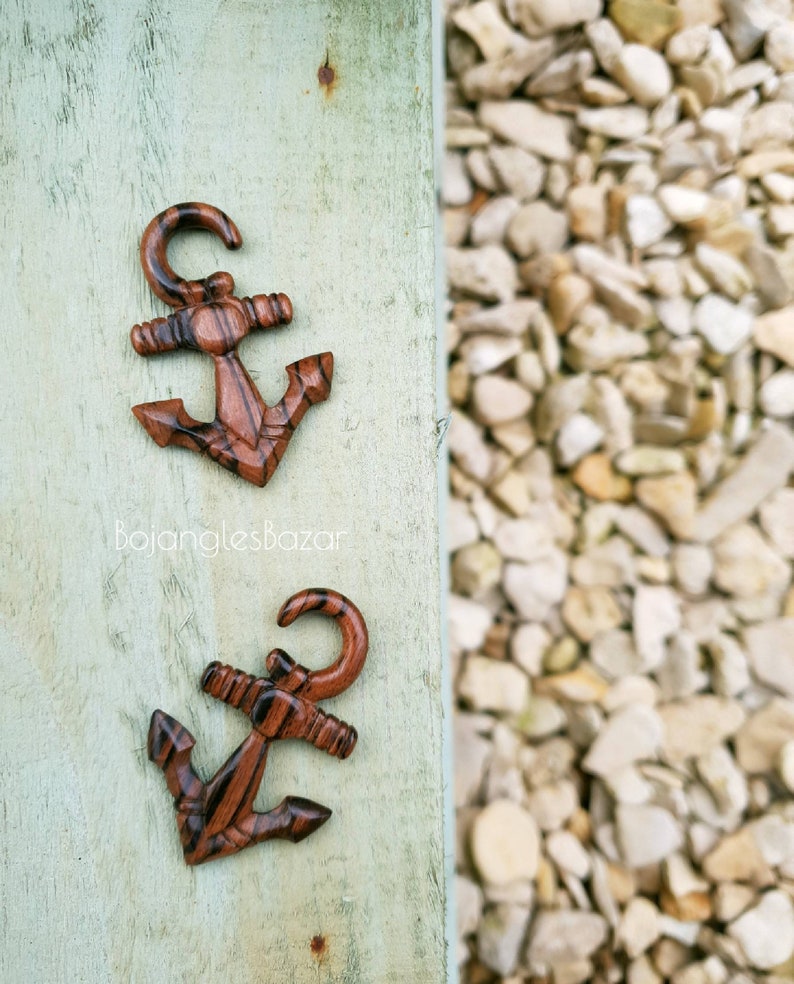 Sold as a pair Nautical Stretched Lobes Ear Hangers 6mm 2ga upwards Carved Wood Anchor Ear Weights
