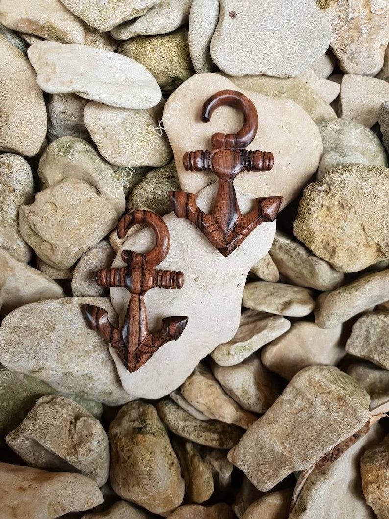 Sold as a pair Nautical Stretched Lobes Ear Hangers 6mm 2ga upwards Carved Wood Anchor Ear Weights