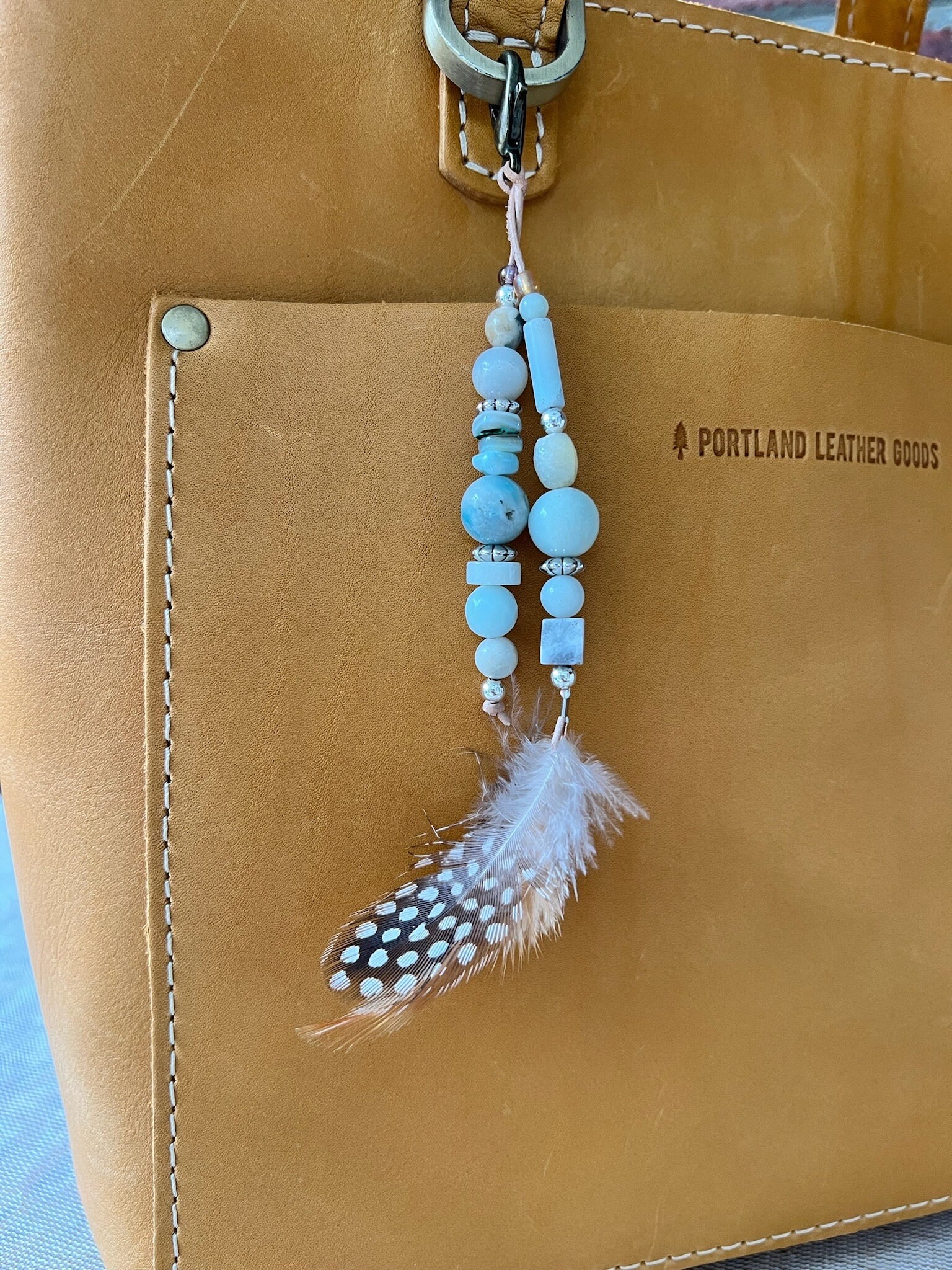 Natural Agate Purse Charm With Feather, Beaded Bag Charm, Purse Flair