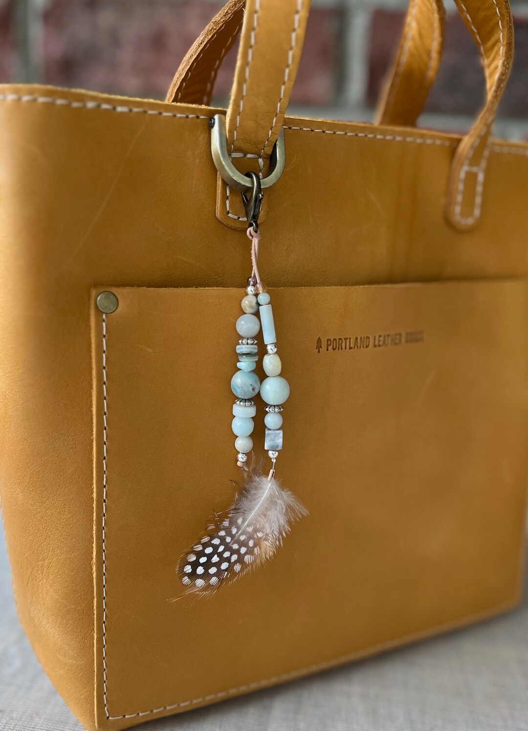 Natural Agate Purse Charm With Feather, Beaded Bag Charm, Purse Flair