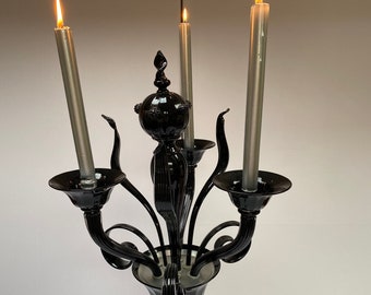 Black Murano Glass Candelabra - Table Centrepiece - 3 Candle Holder -  Handmade In Italy