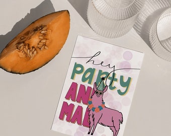 Hey Party Animal - Birthday Card; Happy Birthday Card; Birthday Party; Llama Birthday Card