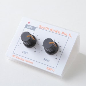 May include: A white plastic box with two black knobs labelled "PIN1" and "PIN2". The box has the text "Synth Knob Pin" and "SKP-1" printed on it. The knobs have orange pointers.