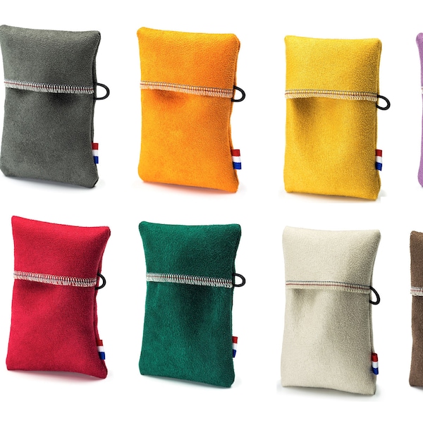 Simple, soft pouch for keys or credit cards with no metal or plastic fastenings