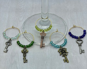 Set of 5 Wine Glass Charms - Key Charm Wine Glass Markers - Beaded Wine Charms