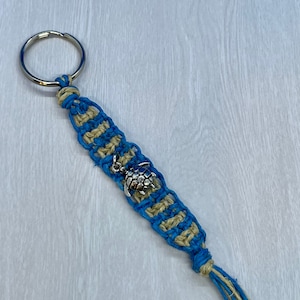Hemp Keychain with Sea Turtle Charm - Aqua & Beige Hemp Keyring